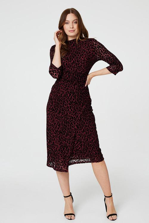 Half Sleeve Mid Calf Buronout Animal Print Dress - Maroon