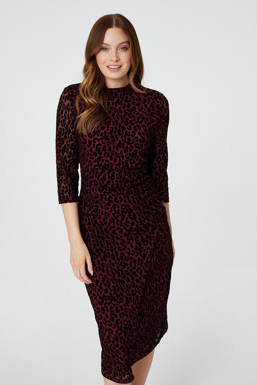 Half Sleeve Mid Calf Buronout Animal Print Dress - Maroon