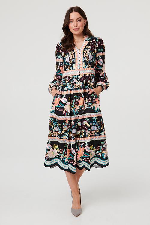 V-Neck Button Through Dress With Border Print And Scallop Hem - Black