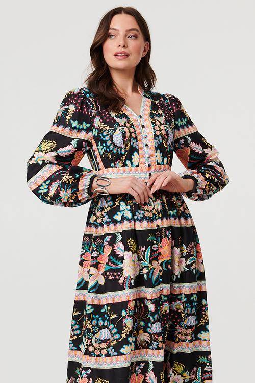 V-Neck Button Through Dress With Border Print And Scallop Hem - Black