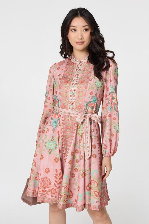 L/S With Elastic Cuff Button Through Midi Dress Border Print Detail - Rust