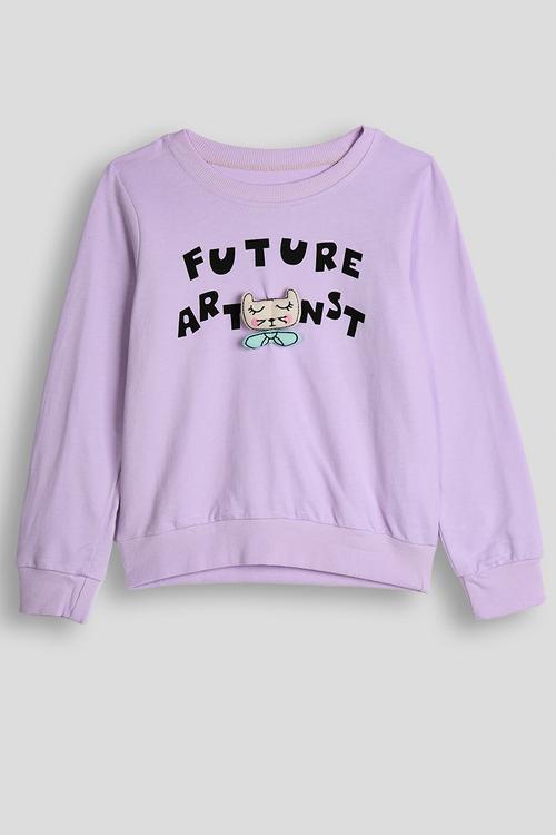 Slogan sweat top with sleeping cat - light purple