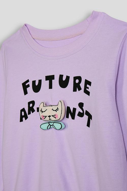 Slogan sweat top with sleeping cat - light purple