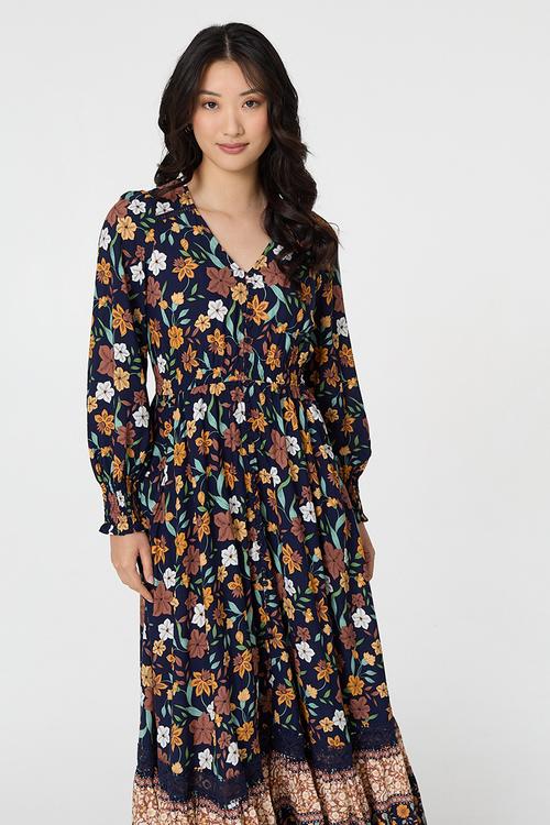 V-Neck Button Through Gypsy Style Maxi Dress - Multi Navy