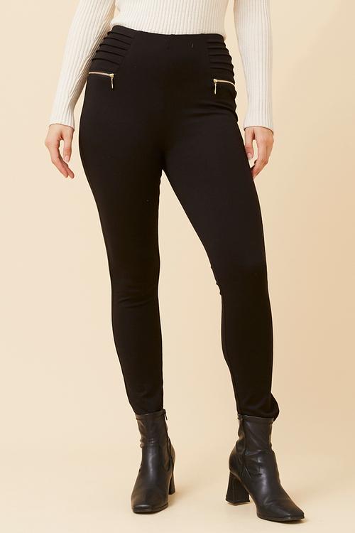 High Waisted Lightweight Ponte Legging With Front Zip Detail - Black