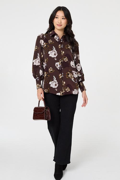 Wide Cuff Button Through Puff Shoulder Printed Blouse - Brown