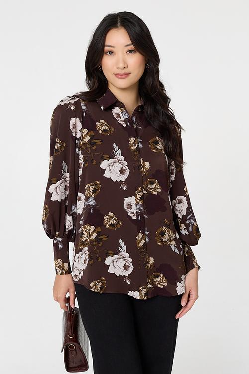 Wide Cuff Button Through Puff Shoulder Printed Blouse - Brown