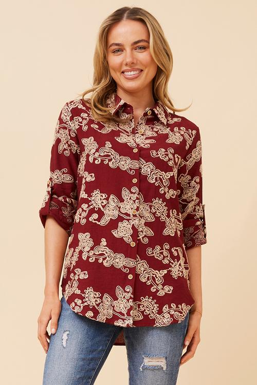 Button Through All Over Embroidered Shirt - Burgundy