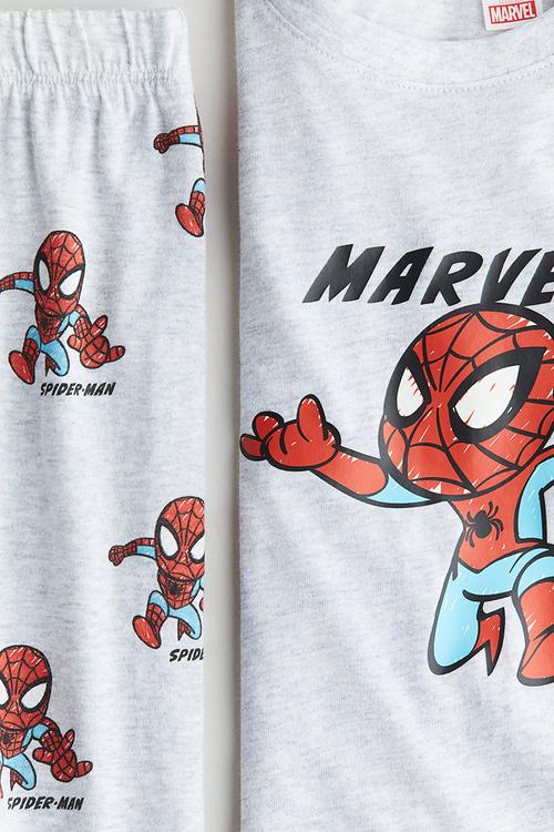 Printed cotton jersey pyjamas - grey marl/spider-man