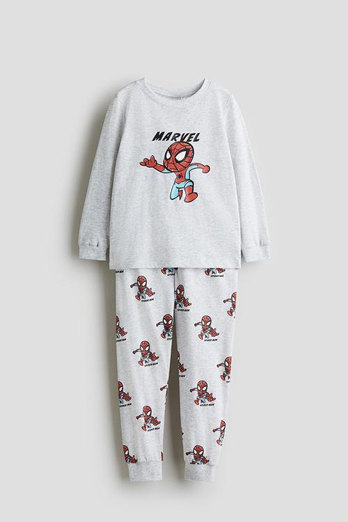 Printed cotton jersey pyjamas - grey marl/spider-man