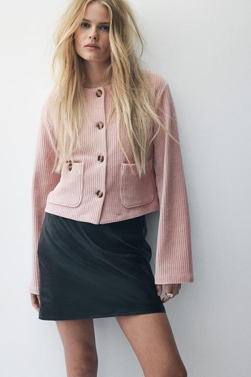 Ribbed velour cardigan - old rose