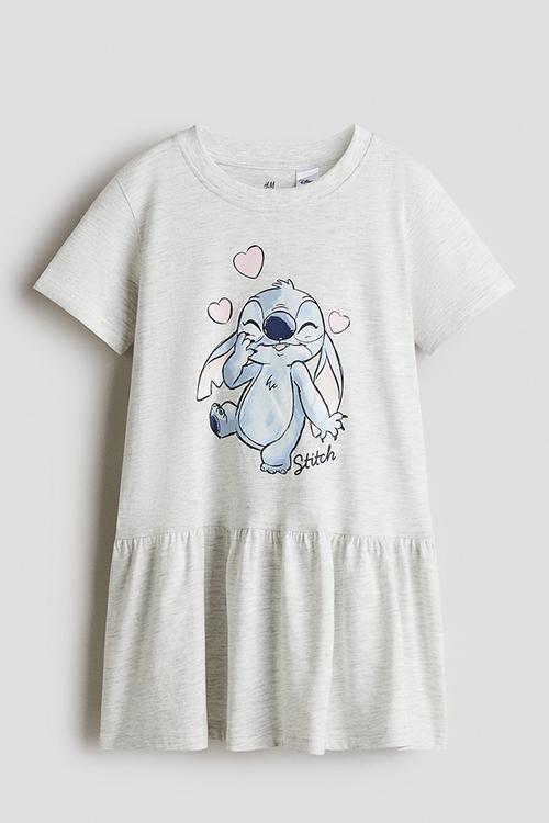 Printed cotton jersey dress - beige marl/lilo & stitch 