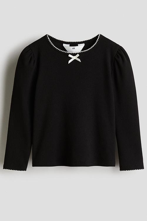 Picot-trimmed jersey top - black