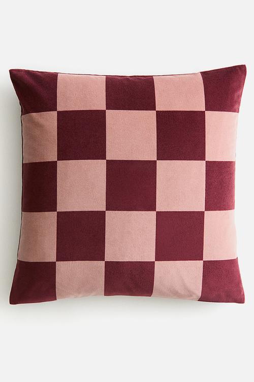 Checked velvet cushion cover - pink/checked 