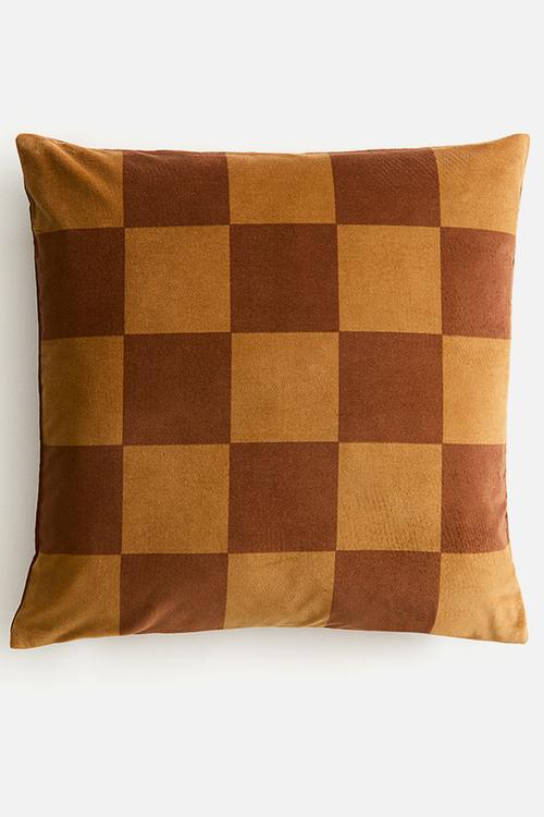 Checked velvet cushion cover - light brown/checked