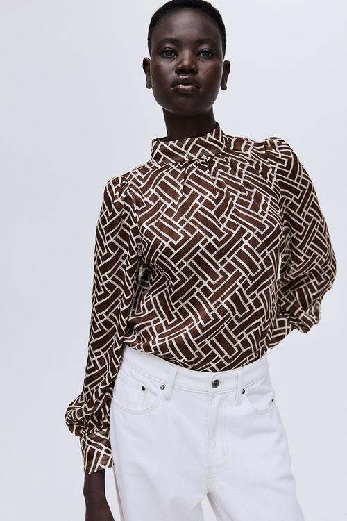 Stand-collar blouse - brown patterned