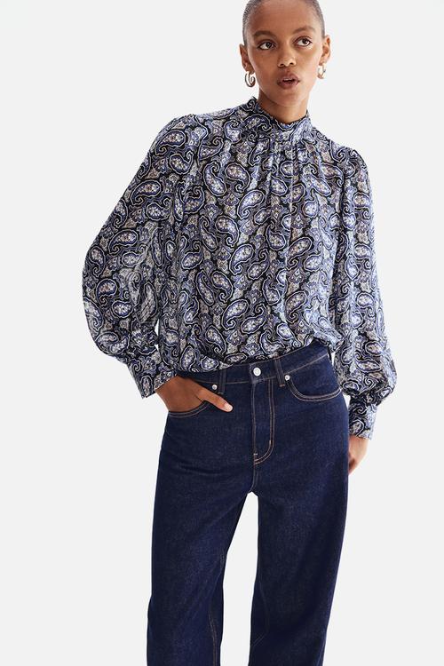 Stand-collar blouse - navy blue paisley pattern 