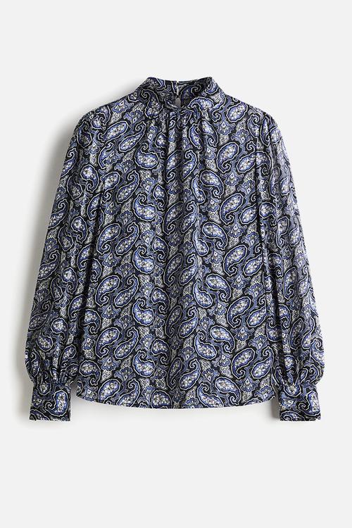 Stand-collar blouse - navy blue paisley pattern 