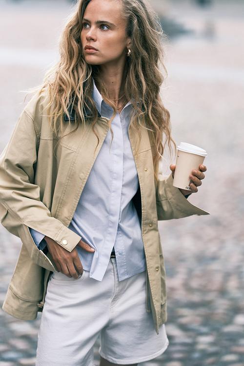 Coated-collar twill jacket - light beige