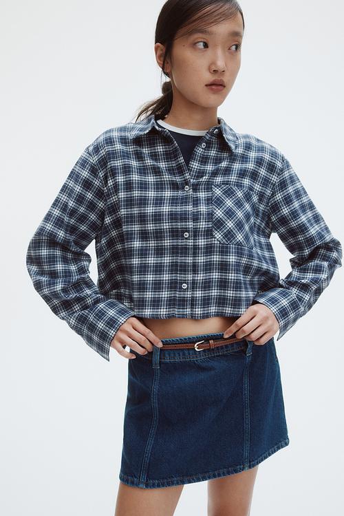 Cropped cotton shirt - dark blue/checked 