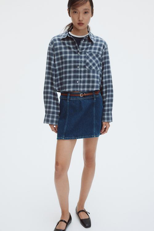 Cropped cotton shirt - dark blue/checked 