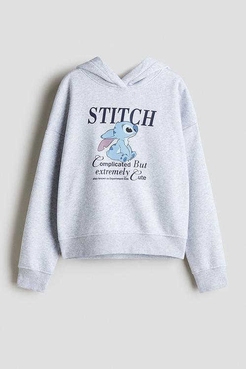 Motif-detail hoodie - light grey marl/lilo & stitch