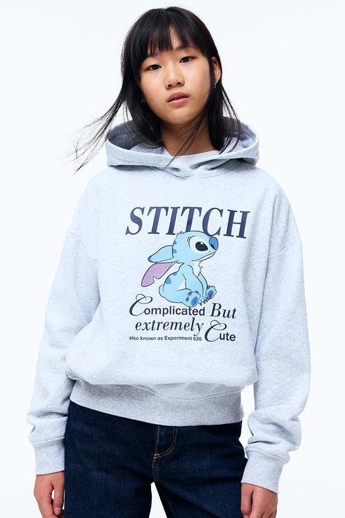 Motif-detail hoodie - light grey marl/lilo & stitch