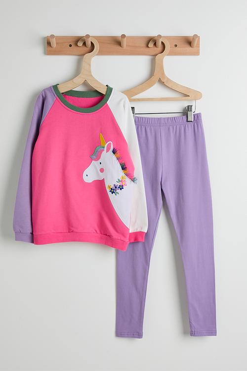 Embroidered patchwork sweatshirt with leggings - pink/purple/pony