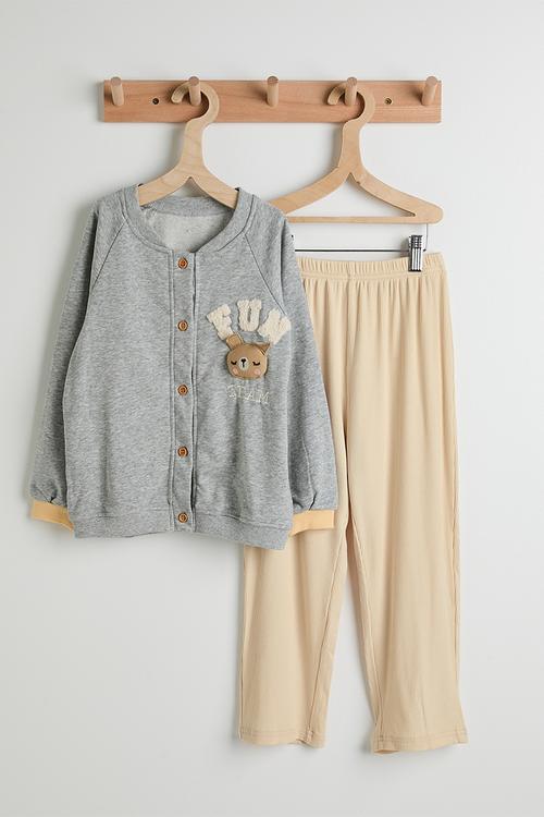 Baseball jacket-style cardigan with ribbed pants - grey/ecru