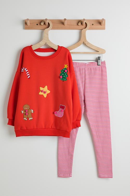 Blanket stitched graphic sweatshirt & leggings - red/red stripes