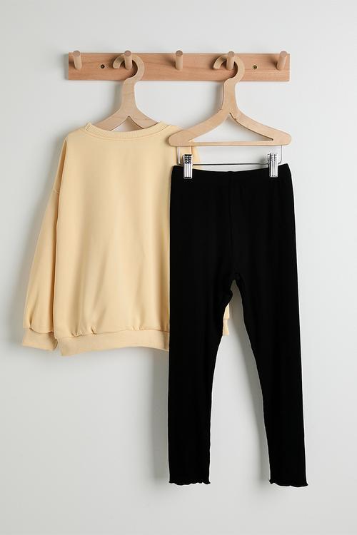 Tulle bow applique sweat top & leggings - barley/black