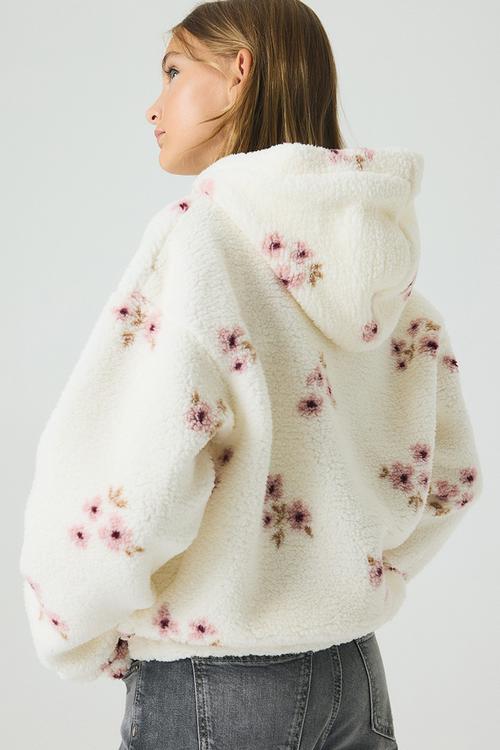 Teddy zip-through hoodie - white/floral