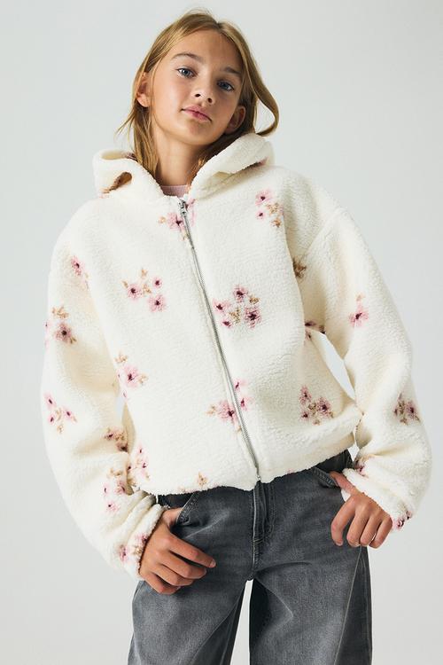 Teddy zip-through hoodie - white/floral