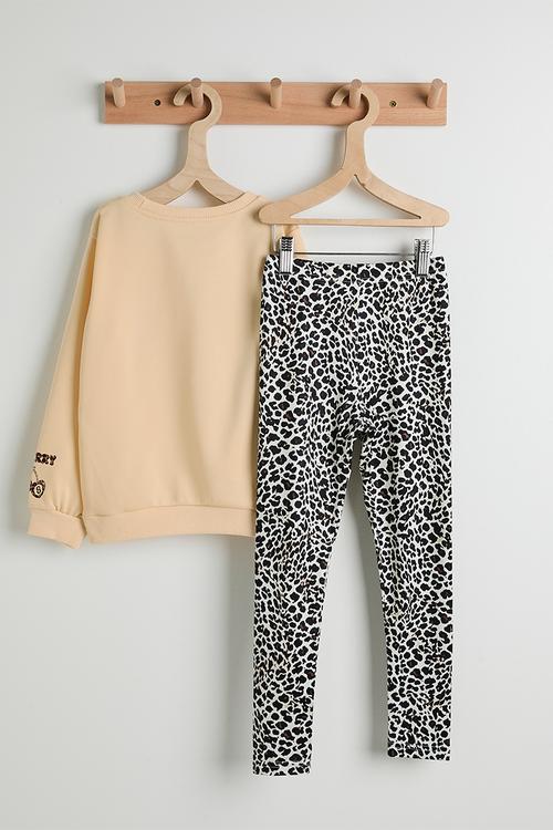 Slogan sweat top & leggings - beige/leopard print