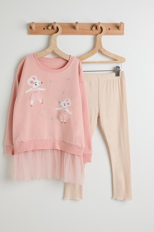 Tulle skirt sweat top with leggings - baby pink/mice