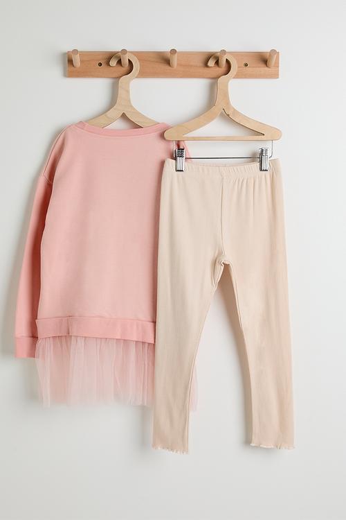 Tulle skirt sweat top with leggings - baby pink/mice