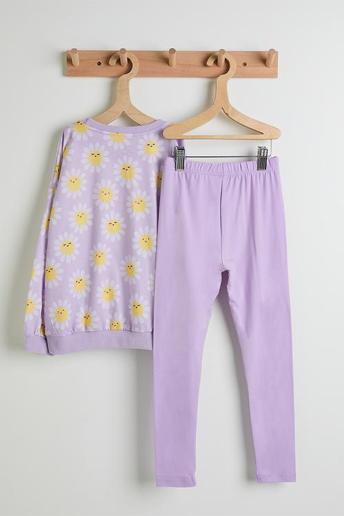 Daisy aop sweat top & plain leggings - lilac