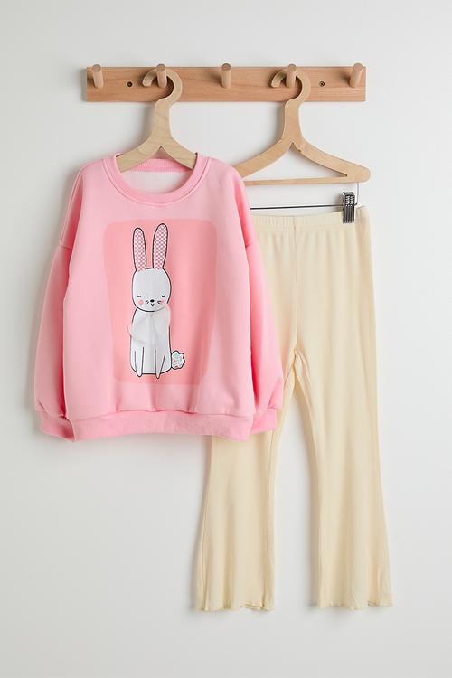 Bunny placement print sweatshirt with flared leggings - pink/cream