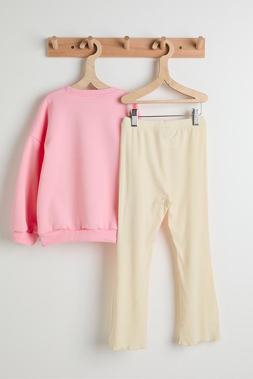 Bunny placement print sweatshirt with flared leggings - pink/cream