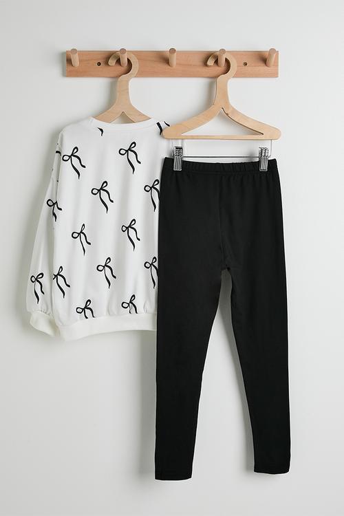 Aop sweat top & bow applique leggings - white/black