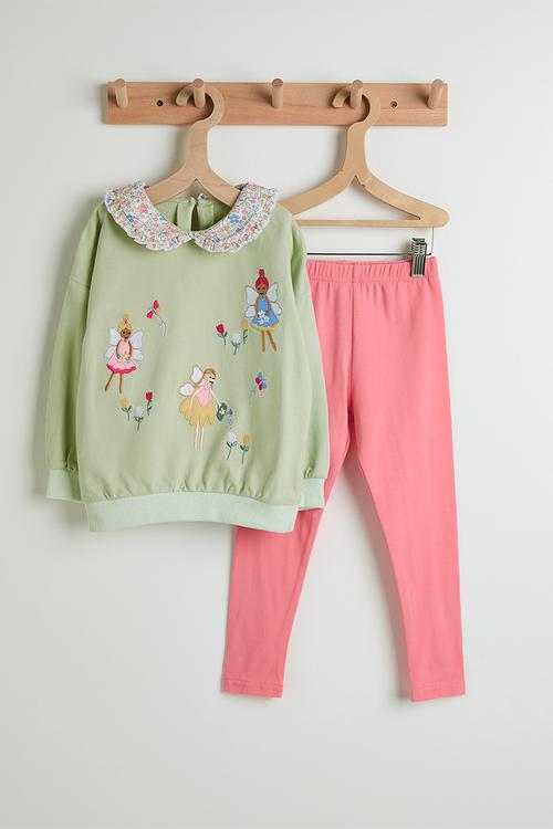 Embroidered fairies sweatshirt with plain leggings - calm green/pink