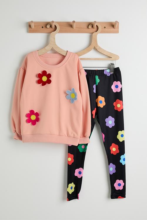 Floral applique sweat top & aop leggings - pink/black