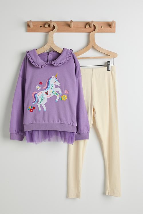 Unicorn embroidered tulle hem sweatshirt & leggings - purple/cream