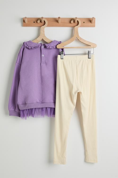 Unicorn embroidered tulle hem sweatshirt & leggings - purple/cream