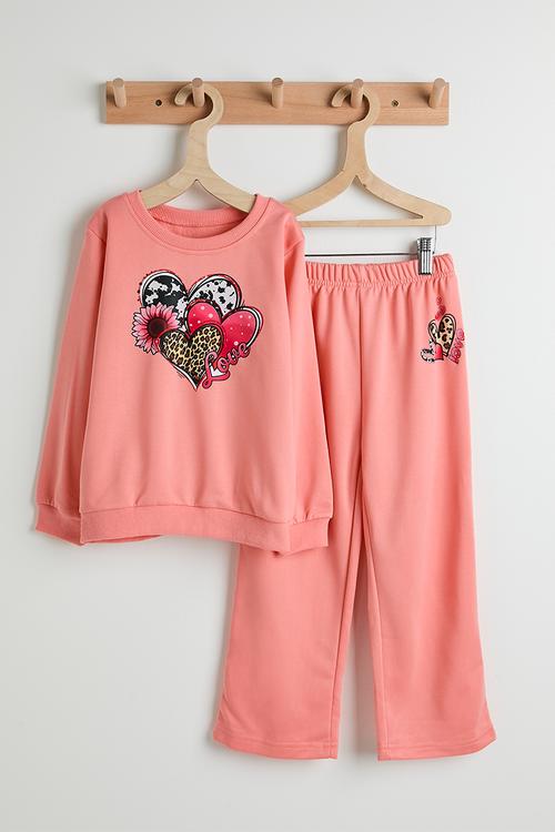 Heart graphic sweat top & wide leg pants - pink