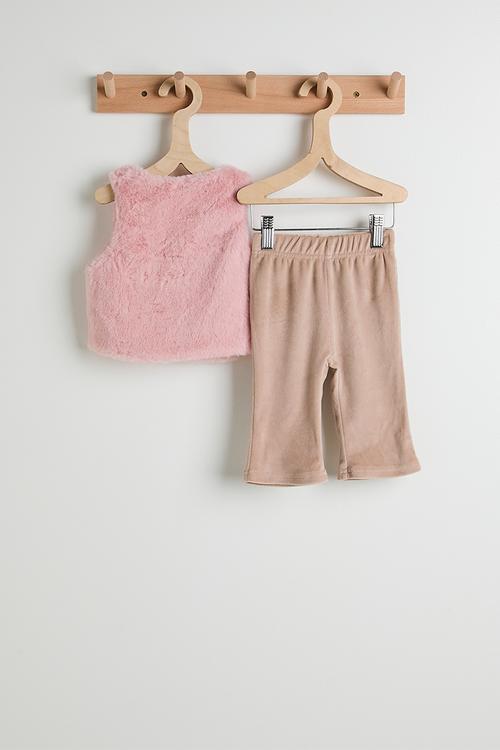 Plush fabric vest with fleece leggings - pink/beige