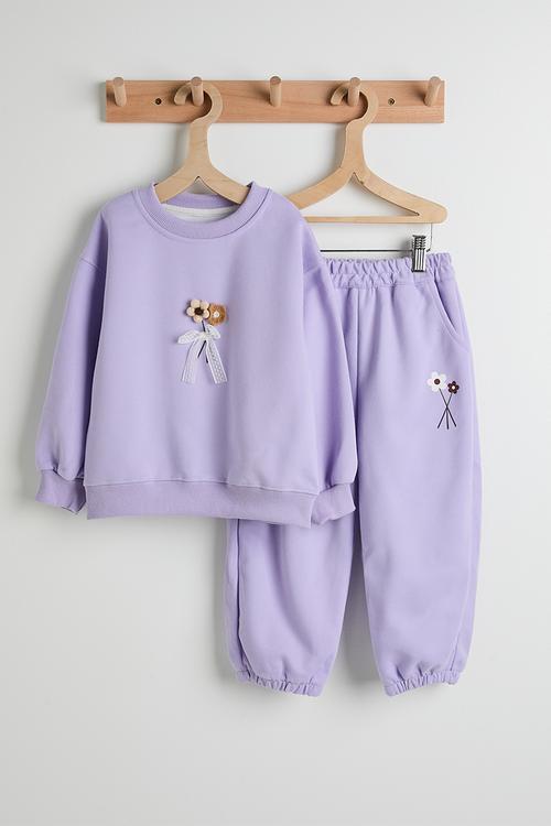 Floral applique sweatshirt & sweatpants - pale purple