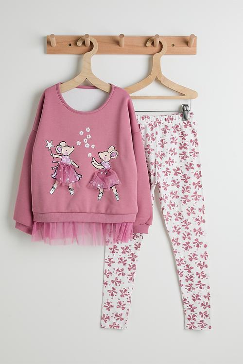 Tulle hem sweatshirt with aop leggings - pink/aop