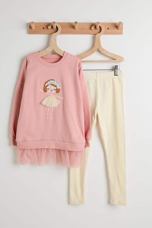 Tulle hem sweatshirt with ribbed leggings - pink/cream