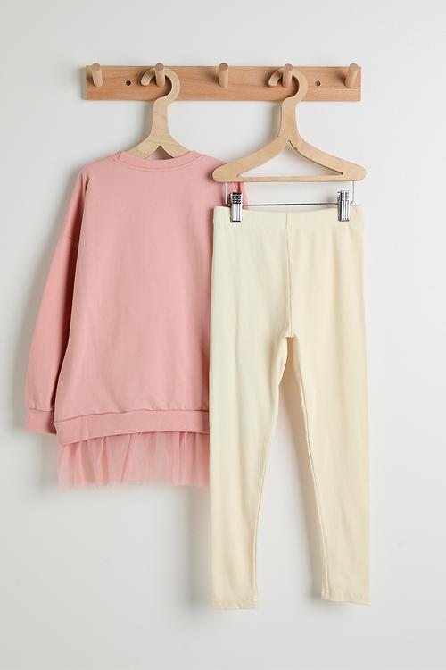 Tulle hem sweatshirt with ribbed leggings - pink/cream